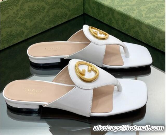 Good Quality Gucci Blondie Flat Slide Thong Sandals in Leather with Interlocking G White 427035