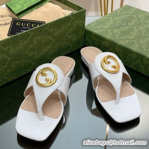 Good Quality Gucci Blondie Flat Slide Thong Sandals in Leather with Interlocking G White 427035