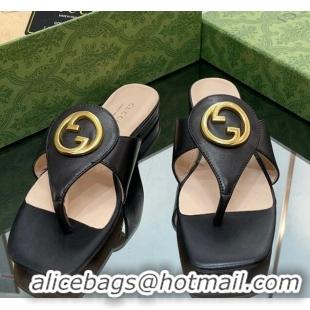 Grade Quality Gucci Blondie Flat Slide Thong Sandals in Leather with Interlocking G Black 427034