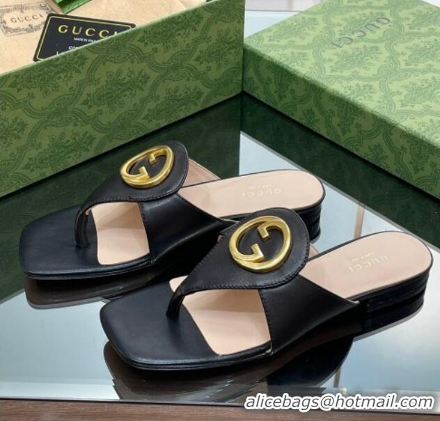 Grade Quality Gucci Blondie Flat Slide Thong Sandals in Leather with Interlocking G Black 427034