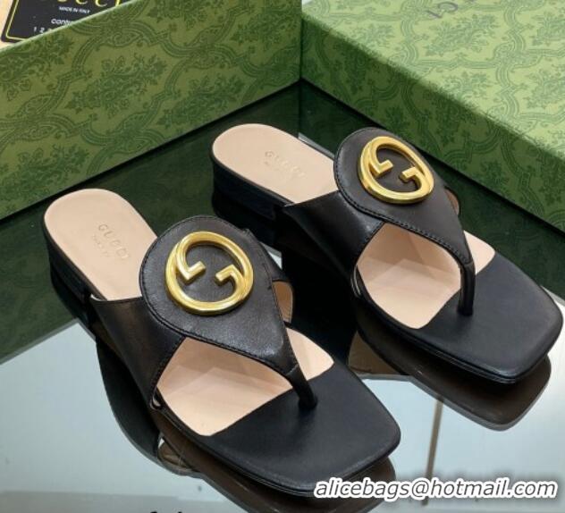 Grade Quality Gucci Blondie Flat Slide Thong Sandals in Leather with Interlocking G Black 427034