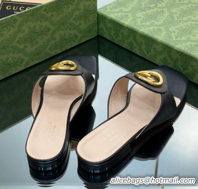 Grade Quality Gucci Blondie Flat Slide Thong Sandals in Leather with Interlocking G Black 427034