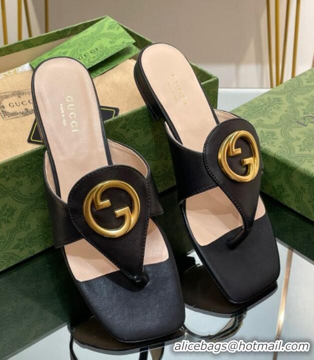 Grade Quality Gucci Blondie Flat Slide Thong Sandals in Leather with Interlocking G Black 427034