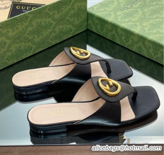 Grade Quality Gucci Blondie Flat Slide Thong Sandals in Leather with Interlocking G Black 427034