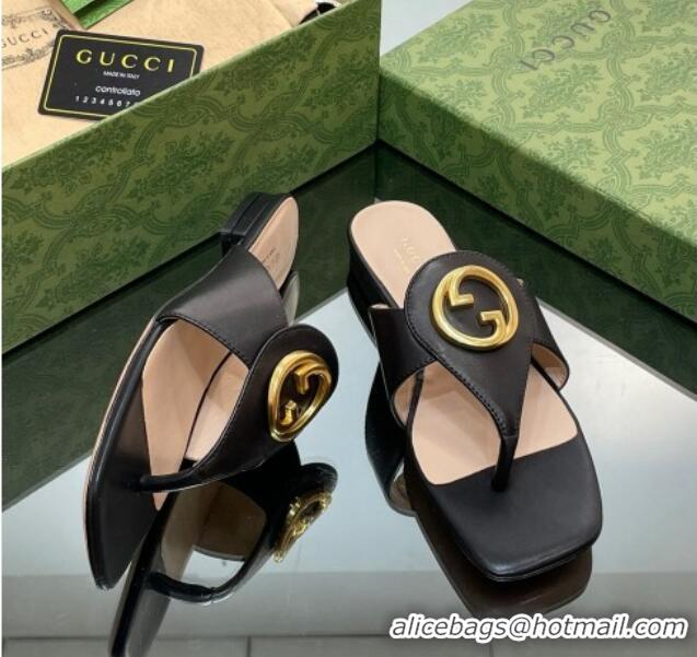 Grade Quality Gucci Blondie Flat Slide Thong Sandals in Leather with Interlocking G Black 427034