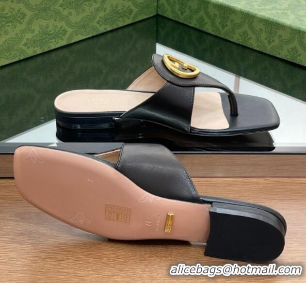 Grade Quality Gucci Blondie Flat Slide Thong Sandals in Leather with Interlocking G Black 427034