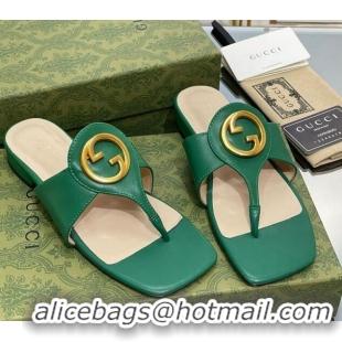 Shop Duplicate Gucci Blondie Flat Slide Thong Sandals in Leather with Interlocking G Green 427036