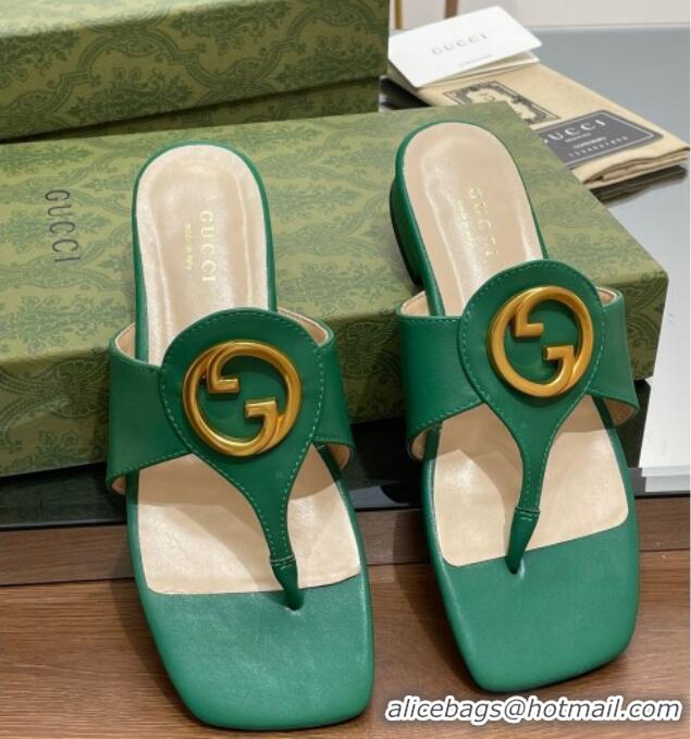 Shop Duplicate Gucci Blondie Flat Slide Thong Sandals in Leather with Interlocking G Green 427036