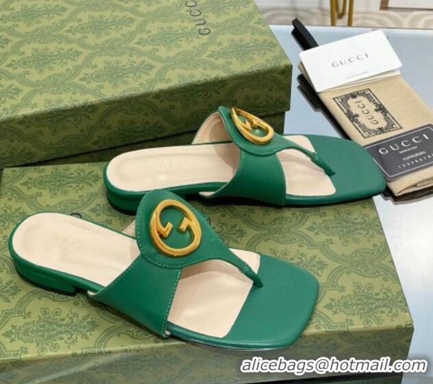 Shop Duplicate Gucci Blondie Flat Slide Thong Sandals in Leather with Interlocking G Green 427036