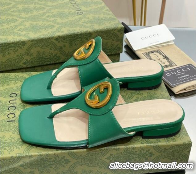 Shop Duplicate Gucci Blondie Flat Slide Thong Sandals in Leather with Interlocking G Green 427036