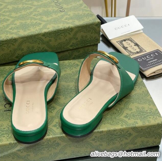 Shop Duplicate Gucci Blondie Flat Slide Thong Sandals in Leather with Interlocking G Green 427036