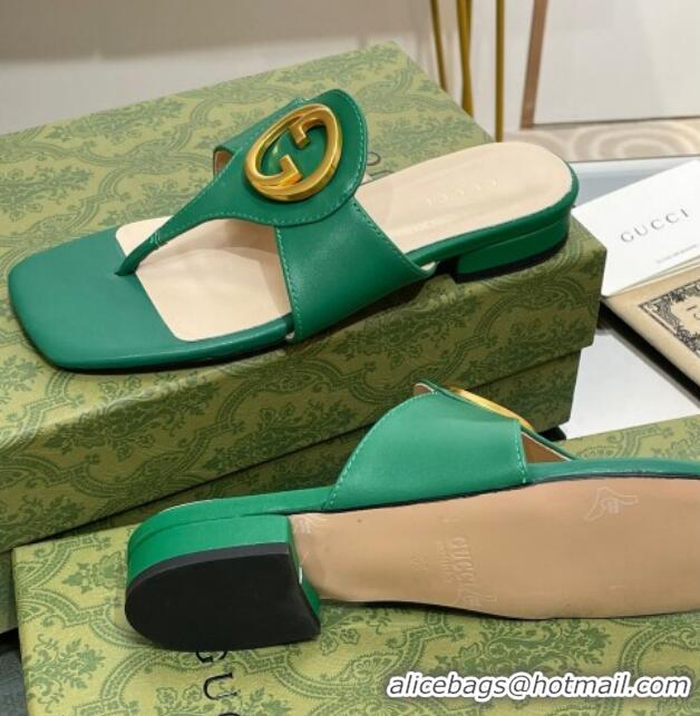 Shop Duplicate Gucci Blondie Flat Slide Thong Sandals in Leather with Interlocking G Green 427036