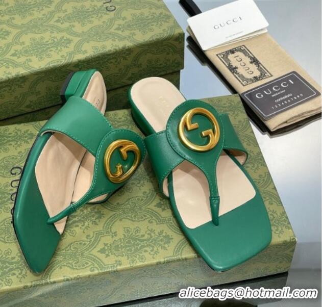 Shop Duplicate Gucci Blondie Flat Slide Thong Sandals in Leather with Interlocking G Green 427036