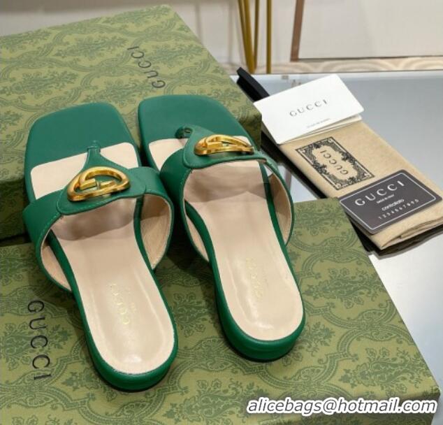 Shop Duplicate Gucci Blondie Flat Slide Thong Sandals in Leather with Interlocking G Green 427036