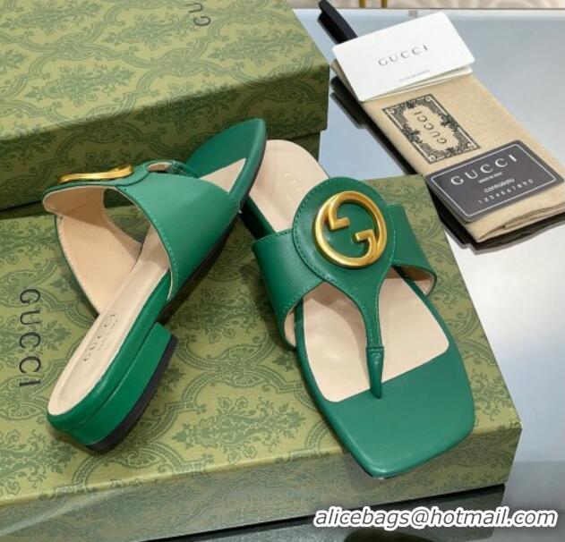 Shop Duplicate Gucci Blondie Flat Slide Thong Sandals in Leather with Interlocking G Green 427036