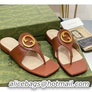 Charming Gucci Blondie Flat Slide Thong Sandals in Leather with Interlocking G Brown 427037