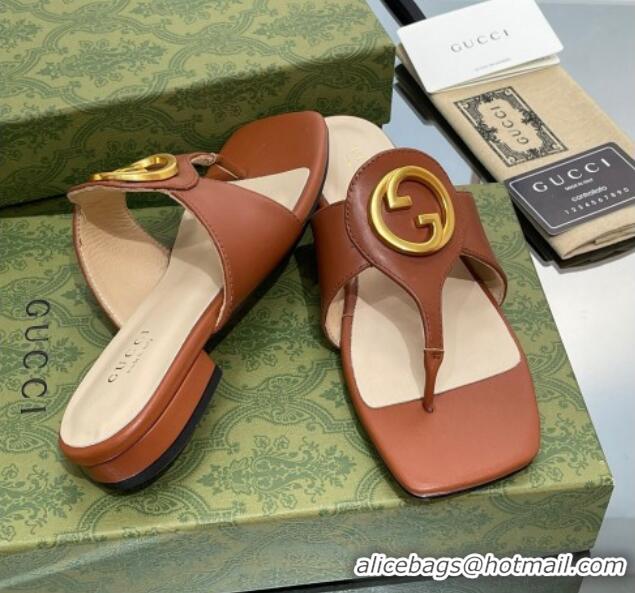 Charming Gucci Blondie Flat Slide Thong Sandals in Leather with Interlocking G Brown 427037