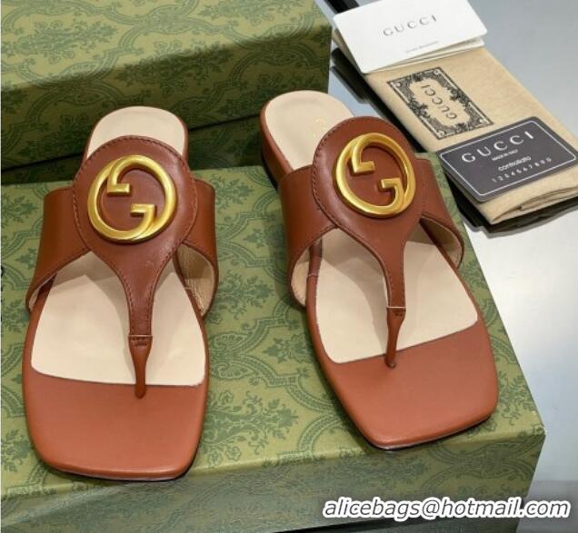 Charming Gucci Blondie Flat Slide Thong Sandals in Leather with Interlocking G Brown 427037