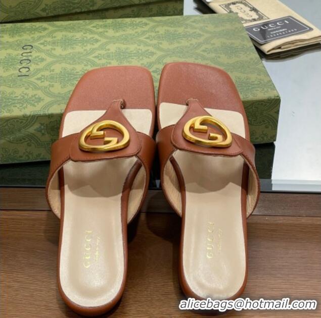 Charming Gucci Blondie Flat Slide Thong Sandals in Leather with Interlocking G Brown 427037