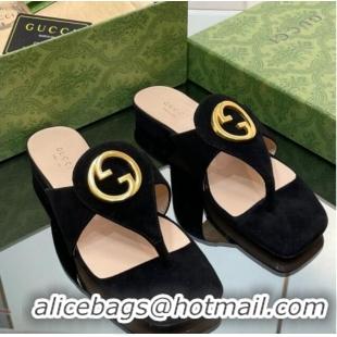 Best Price Gucci Blondie Flat Slide Thong Sandals in Suede with Interlocking G Black 427039