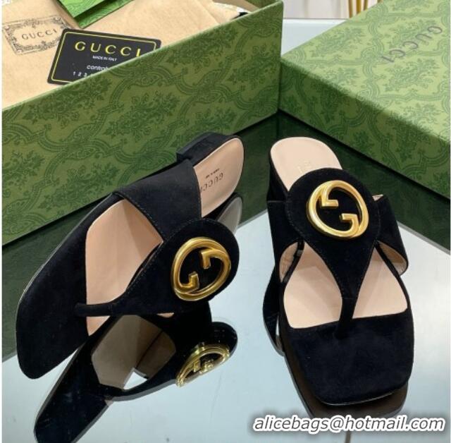 Best Price Gucci Blondie Flat Slide Thong Sandals in Suede with Interlocking G Black 427039