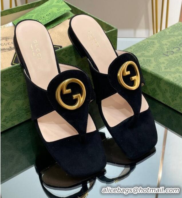 Best Price Gucci Blondie Flat Slide Thong Sandals in Suede with Interlocking G Black 427039