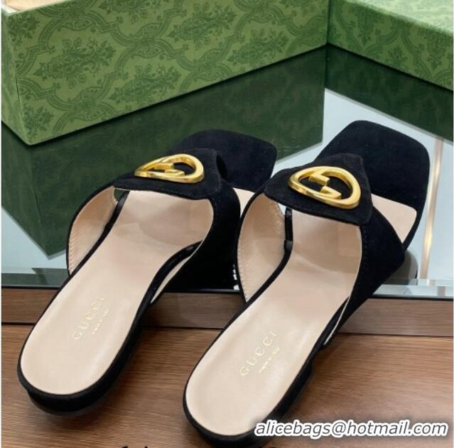 Best Price Gucci Blondie Flat Slide Thong Sandals in Suede with Interlocking G Black 427039