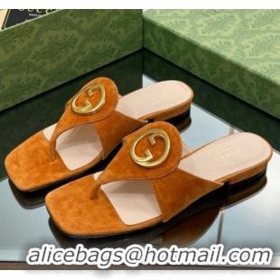 Purchase Gucci Blondie Flat Slide Thong Sandals in Suede with Interlocking G Camel Brown 427041