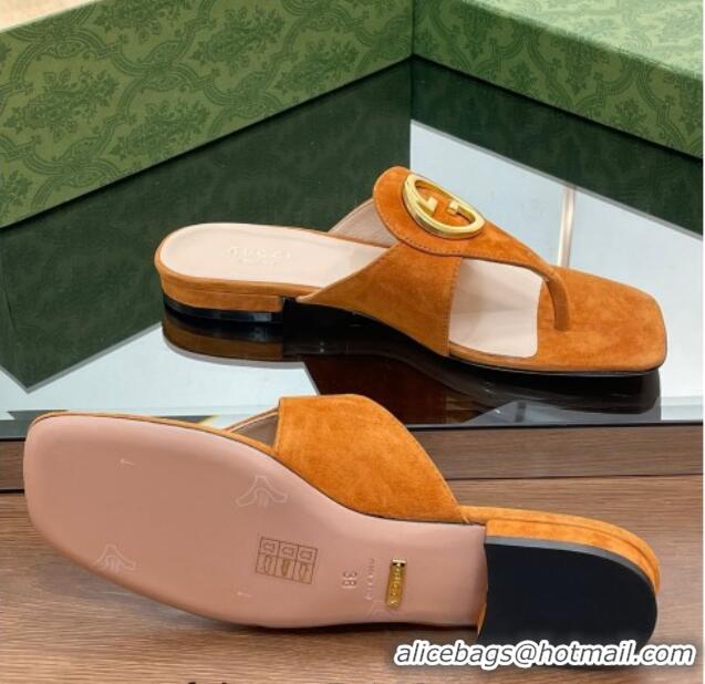 Purchase Gucci Blondie Flat Slide Thong Sandals in Suede with Interlocking G Camel Brown 427041