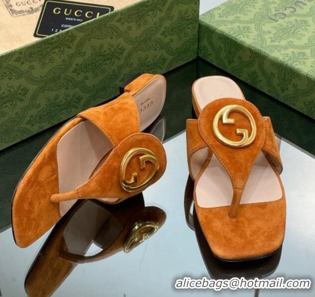 Purchase Gucci Blondie Flat Slide Thong Sandals in Suede with Interlocking G Camel Brown 427041