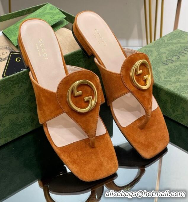 Purchase Gucci Blondie Flat Slide Thong Sandals in Suede with Interlocking G Camel Brown 427041