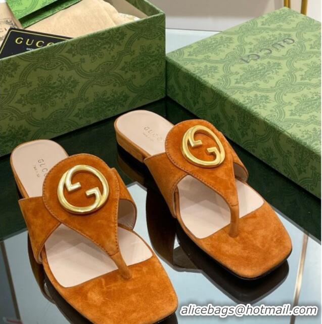 Purchase Gucci Blondie Flat Slide Thong Sandals in Suede with Interlocking G Camel Brown 427041