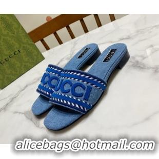 Good Product Gucci Denim Flat Slide Sandals with Gucci Script Blue 427043