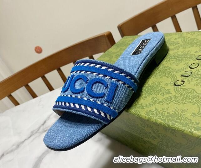 Good Product Gucci Denim Flat Slide Sandals with Gucci Script Blue 427043