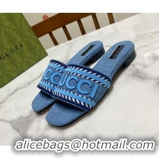 Stylish Gucci Denim Flat Slide Sandals with Gucci Script Light Blue 427044