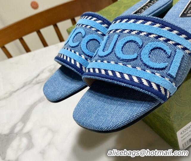 Stylish Gucci Denim Flat Slide Sandals with Gucci Script Light Blue 427044