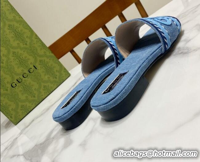 Stylish Gucci Denim Flat Slide Sandals with Gucci Script Light Blue 427044