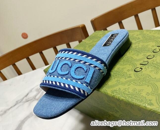 Stylish Gucci Denim Flat Slide Sandals with Gucci Script Light Blue 427044