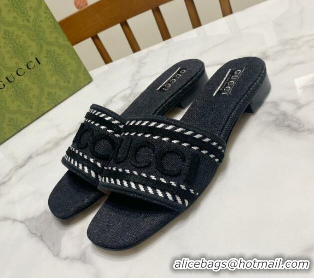 Stylish Gucci Denim Flat Slide Sandals with Gucci Script Black 427045