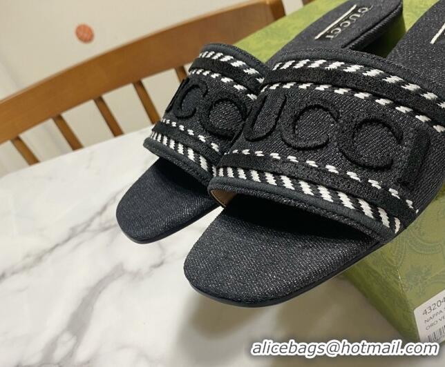 Stylish Gucci Denim Flat Slide Sandals with Gucci Script Black 427045