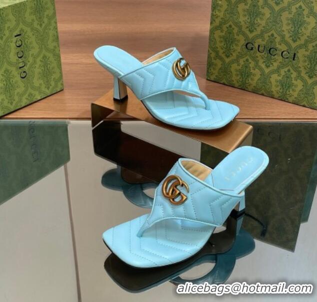 Trendy Design Gucci Double G Thong Slide Sandals 5.5cm in Chevron Leather Light Blue 427050