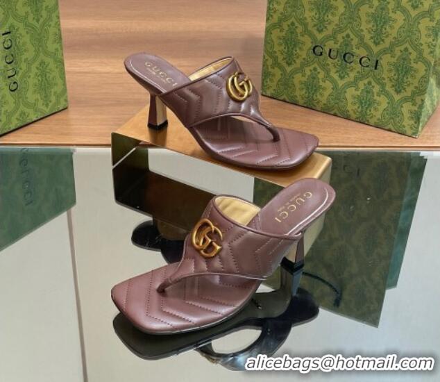 Best Grade Gucci Double G Thong Slide Sandals 5.5cm in Chevron Leather Dark Brown 427051