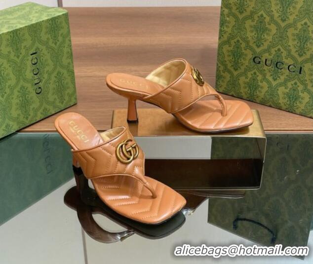 Low Price Gucci Double G Thong Slide Sandals 5.5cm in Chevron Leather Tan Brown 427052