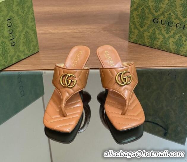 Low Price Gucci Double G Thong Slide Sandals 5.5cm in Chevron Leather Tan Brown 427052