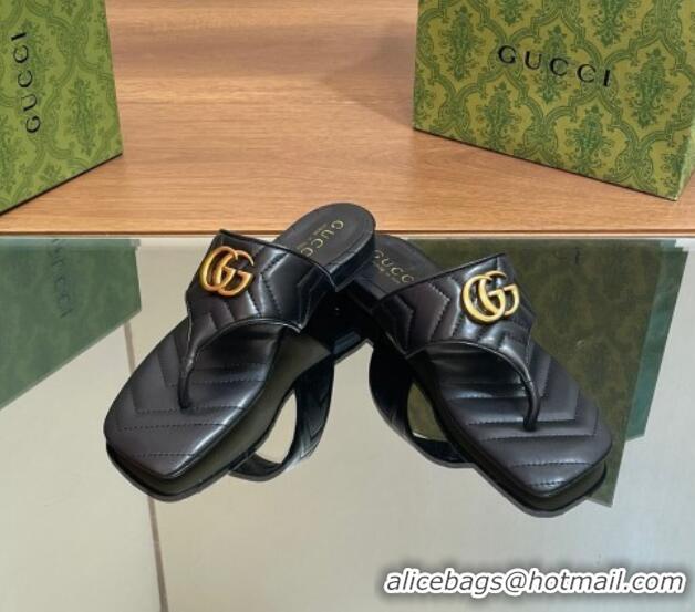 Top Design Gucci Double G Flat Thong Slide Sandals in Chevron Leather Black 427053