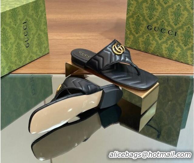 Top Design Gucci Double G Flat Thong Slide Sandals in Chevron Leather Black 427053