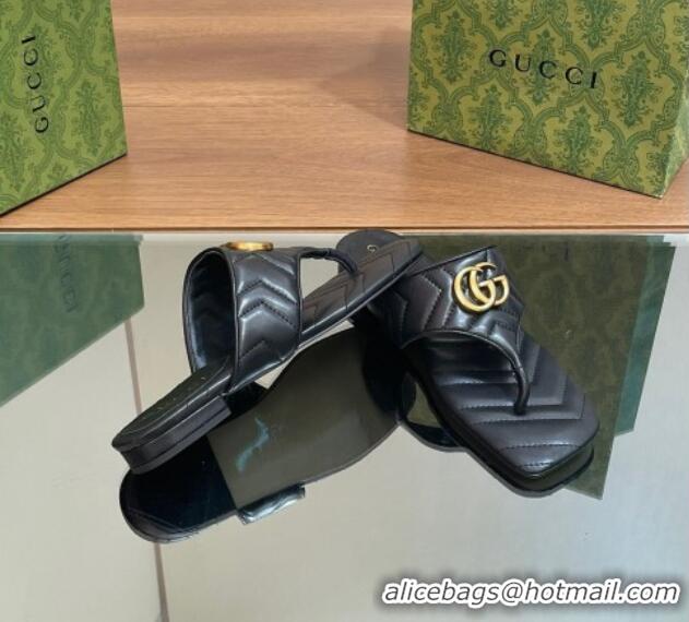 Top Design Gucci Double G Flat Thong Slide Sandals in Chevron Leather Black 427053