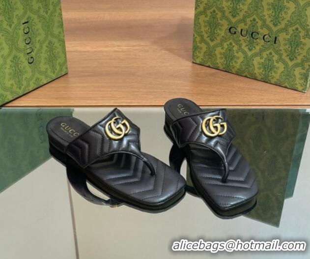 Top Design Gucci Double G Flat Thong Slide Sandals in Chevron Leather Black 427053