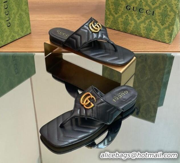 Top Design Gucci Double G Flat Thong Slide Sandals in Chevron Leather Black 427053