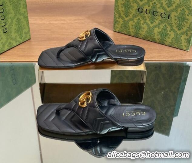 Top Design Gucci Double G Flat Thong Slide Sandals in Chevron Leather Black 427053